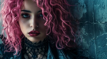 Teen Latino Woman with Pink Curly Hair Goth style Illustration.