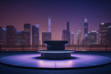 Podium with skyscraper, city skyline at night water. Neon empty platform pedestal against dark cityscape, futuristic stage for product presentation in outdoor urban environment