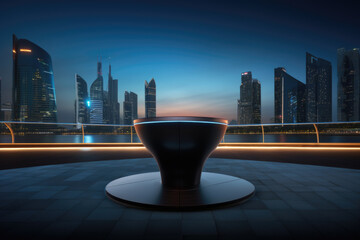 Product podium at city skyline. night skyscrapers and buildings. Empty pedestal platform in neon light, dark cityscape, futuristic stage for product display in outdoor city setting