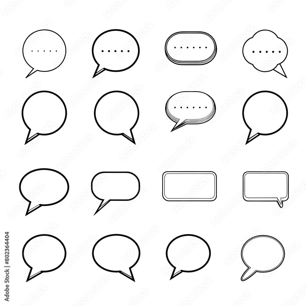 Poster set of various black and white speech bubbles with different shapes.