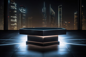 Futuristic platform in dark room with city skyline in window background. Empty product podium pedestal against neon future cityscape at night, black and vibrant illumination