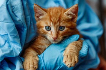 Ginger kitten cradled gently in veterinary care