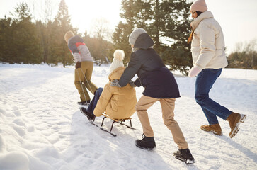 Happy family with kids having fun in winter park sledding together in nature. Young parents with...