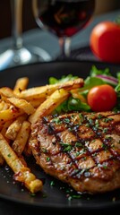 Grilled Steak and French Fries With Glass of Wine