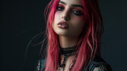 Fototapeta premium Teen Persian Woman with Pink Straight Hair Goth style Illustration.