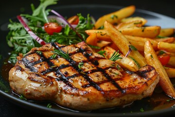 Grilled Steak and French Fries on Plate