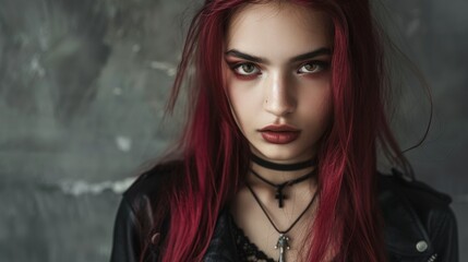 Naklejka premium Teen Persian Woman with Red Straight Hair Goth style Illustration.