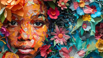 Vibrant paper collage of a girls face with flowers embodying Womens Day. Concept Paper Collage, Floral Art, Women's Day Celebration, Vibrant Colors, Feminine Portrait