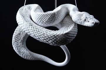 White rattan snake hanging on a rope on a black background