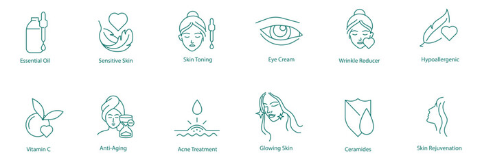 Essential Oil, Sensitive Skin, Skin Toning, Eye Cream, Wrinkle Reduction, Hypoallergenic, Vitamin C, Anti-Aging, Acne Treatment, Glowing Skin, Ceramides, Skin Rejuvenation Vector Icons Collection