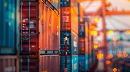 A close-up shot of a cargo ship's side, showing the texture and details of the stacked containers, with the port's bustling activity slightly blurred in the background, Generative AI