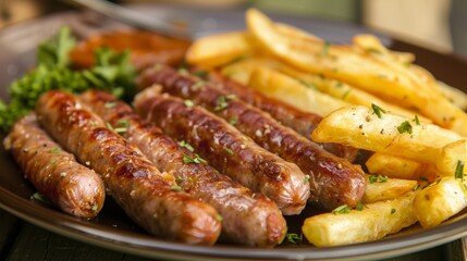 The cuisine of Bolivia. Salchipapas - fried beef sausages with French fries.