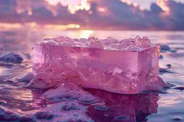 Ice cube on the beach at sunset,  Beautiful natural background with ice cubes