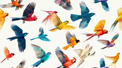A flock of watercolor birds in various colors is flying in different directions on a white background.