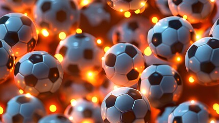 A lot of soccer balls with bright orange background.
