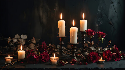Romantic Candles and Dry or Dead Roses Against a Moody Black, Textured Background - Witchy and Dark Academia Aesthetic for Halloween or Backdrop - Grunge - With Copy Space