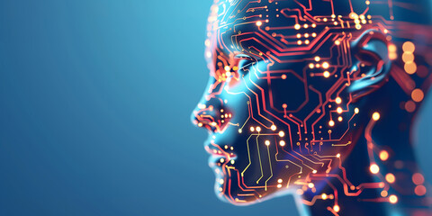 Electronic human head with integrated circuits, concept of artificial intelligence technology, biotechnology innovation, robot progress and machine learning