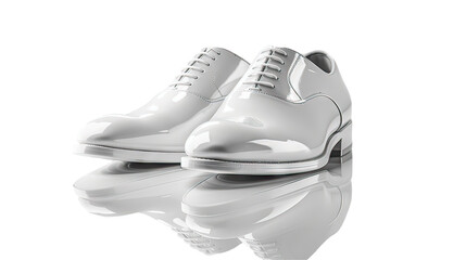 The shoes are shiny and white, reflecting the light on the table