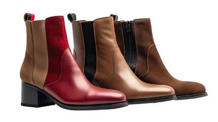 Three pairs of boots are shown, with the top pair being red