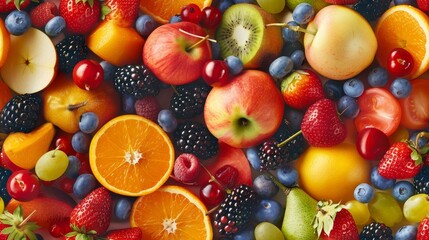 A variety of fresh and organic fruits, including apples, oranges, grapes, and berries.