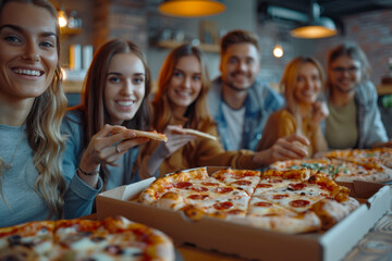 Diverse business office people group taking sharing pizza slices from box on table, staff employees team workers eating together enjoy lunch at work break, delivery service concept, close up view