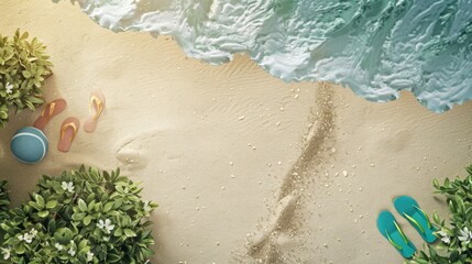 A natural landscape with palm trees, sandy beach, and volleyball under the blue sky viewed from...