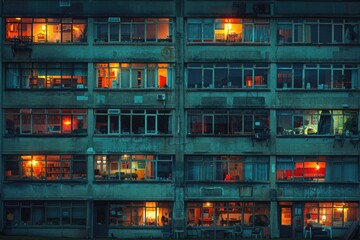 sidewalk of a tall dark building is lit up at night professional photography