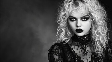 Teen White Woman with Blond Curly Hair Goth style Illustration.