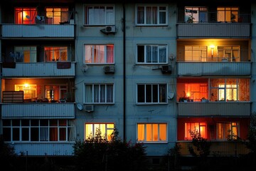 sidewalk of a tall dark building is lit up at night professional photography