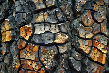 Close up of a tree bark with a pattern of cracks and holes - obrazy, fototapety, plakaty