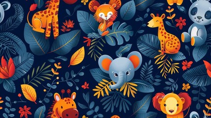 Fototapeta premium Cute cartoon animals in the jungle. Seamless pattern with giraffe, elephant, lion, koala, tiger, monkey. Vector illustration.