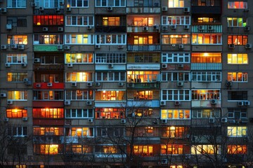 sidewalk of a tall dark building is lit up at night professional photography