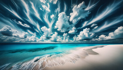 Majestic Cloudscape over Turquoise Waters: Pristine Tropical Beach Panorama