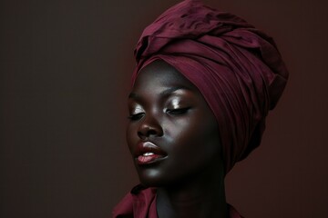 Beautiful african american woman in turban on dark background