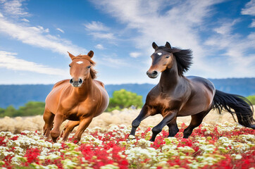 Obraz premium Two beautiful horse run gallop on flowers field with blue sky behind 