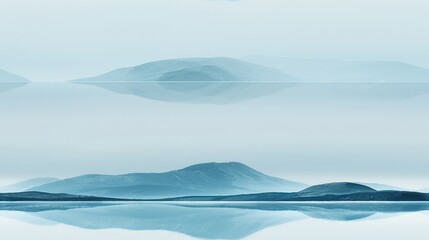 The image is a beautiful landscape painting of a lake and mountains in shades of blue and green