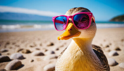 Duck on the beach wearing sunglasses