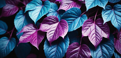 Trendy purple and blue background of leaves