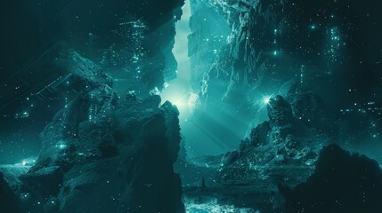 The image is showing a group of glowing mushrooms in the dark.