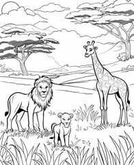 Lions and giraffes on the savanna, cartoon style, black and white