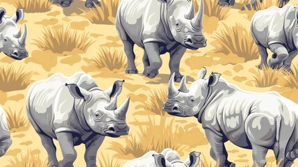 Fototapeta premium The image shows a group of rhinoceroses running in a grassy field