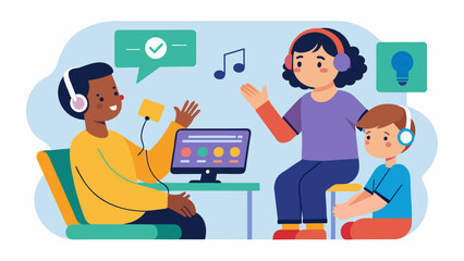 In a virtual music therapy session a the connects with a nonverbal child with cerebral palsy through a variety of digital instruments and sound. Vector illustration