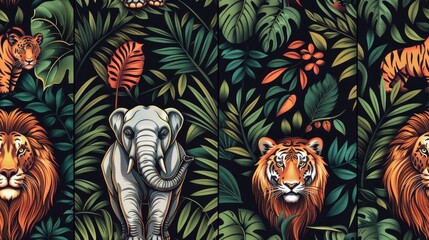 The image shows a lush green jungle with a variety of animals, including lions, elephants, and tigers