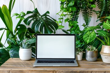 Laptop on wooden desk with vibrant houseplants around