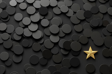Stand out concept. Golden star on black circles scattered on the black surface