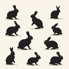 Rabbit silhouette set of different poses black flat vector illustration
