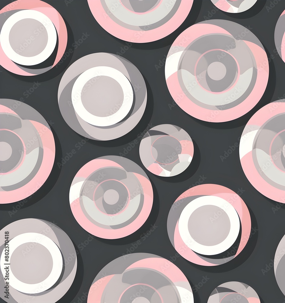 Poster vector pattern of soft pink and gray circles in the form of overlapping rings on dark background, pa