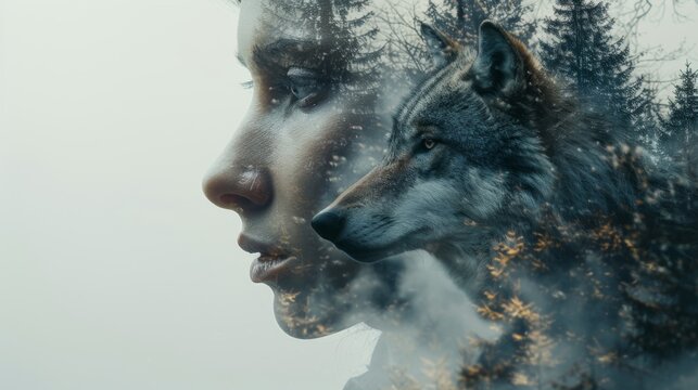The face of the woman and the wolf are placed side by side in such a way that the impression of unity with nature is created.