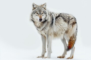 Gray wolf (Canis lupus) standing on white background