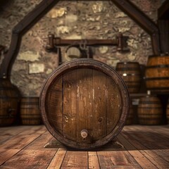 Wine Barrel in Winery Cellar, Old Whiskey, Alcohol Keg, Wine Barrel Mockup, Abstract Generative AI Illustration